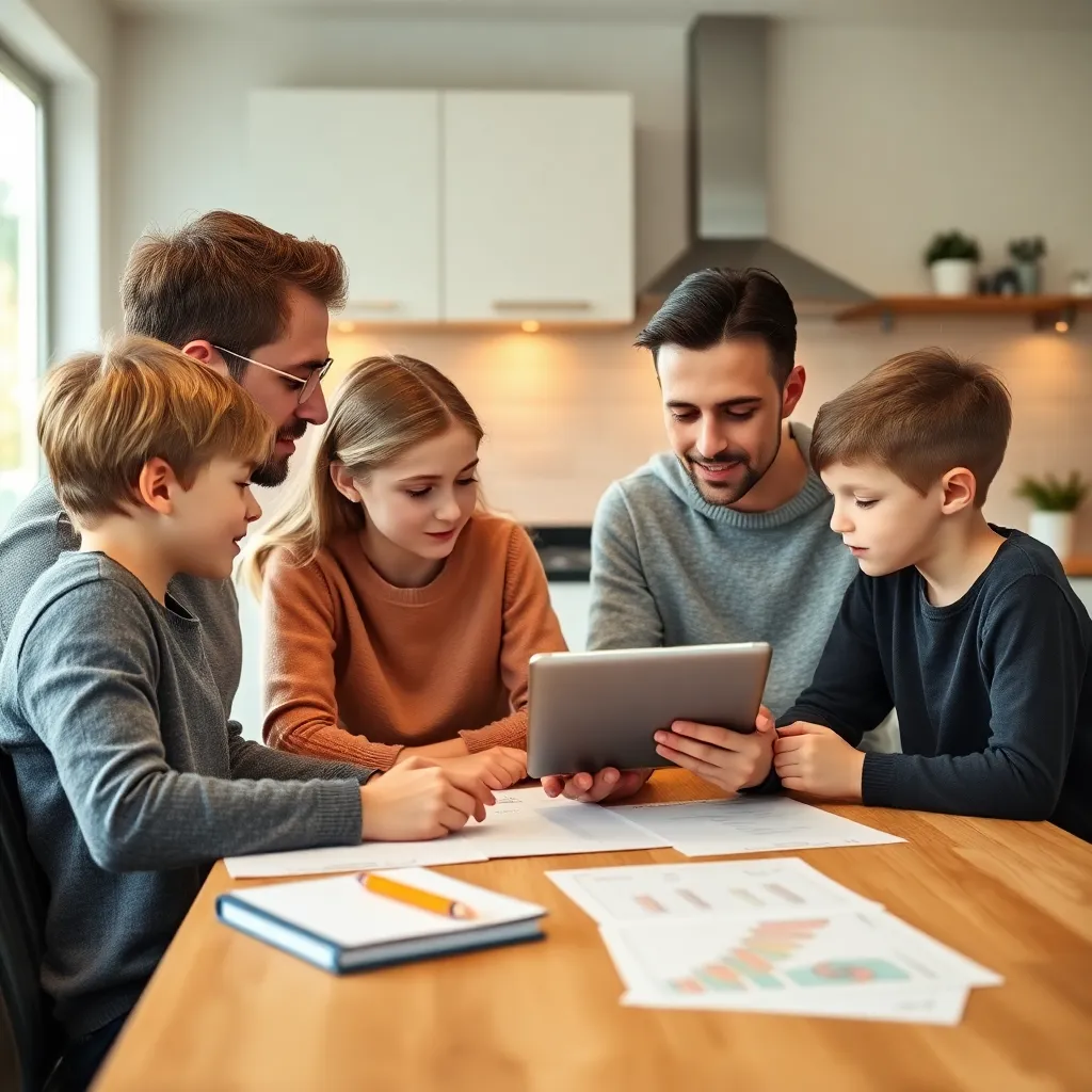 Gezin dat samen financiële planning doet aan de keukentafel
