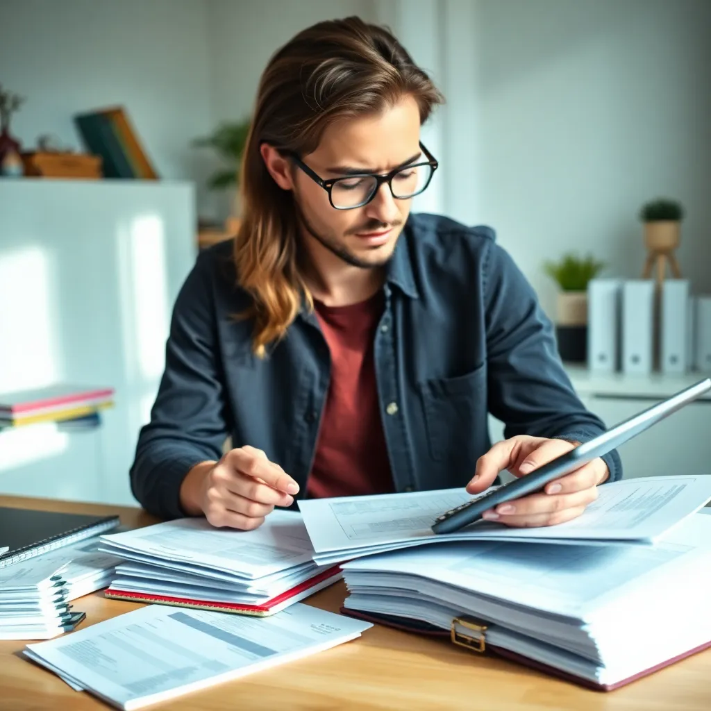 Persoon die financiële administratie organiseert in mappen