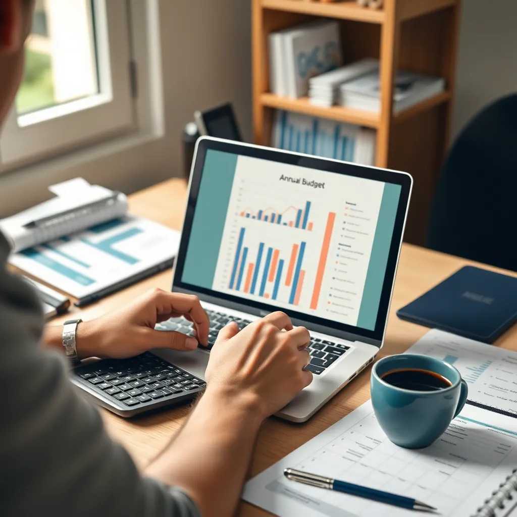 Persoon die jaarlijks budget opstelt met laptop en rekenmachine