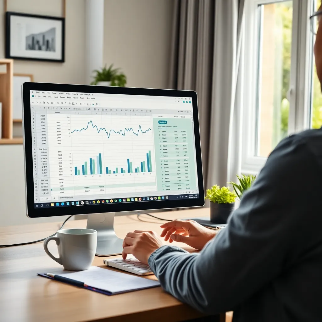 Persoon die financiële voortgang bijhoudt in spreadsheet met grafieken