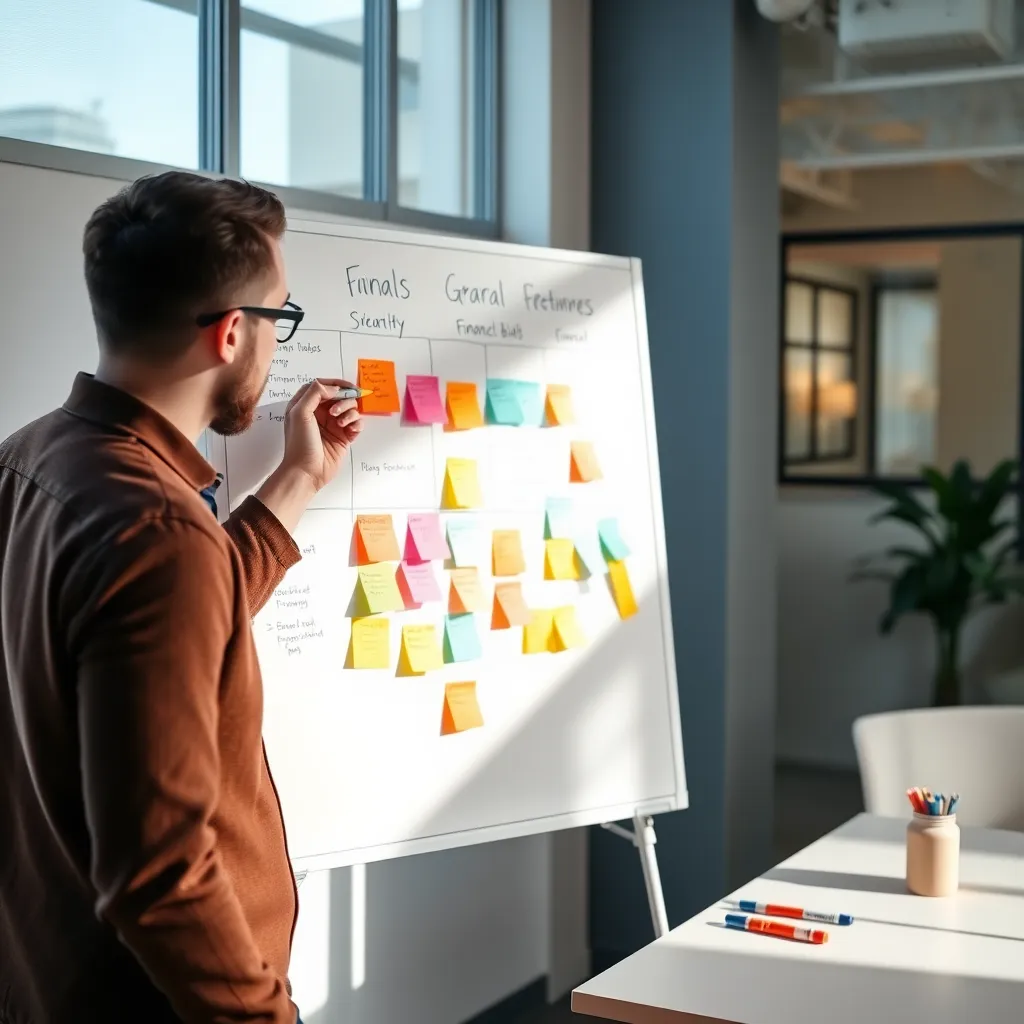Persoon die financiële doelen plant op whiteboard met sticky notes
