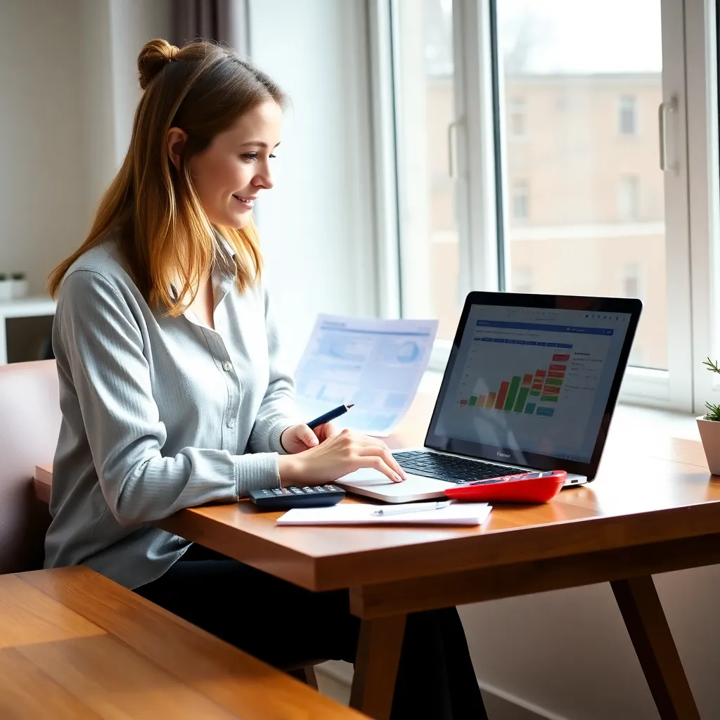 Persoon die jaarlijks budget op laptop maakt met financiële documenten