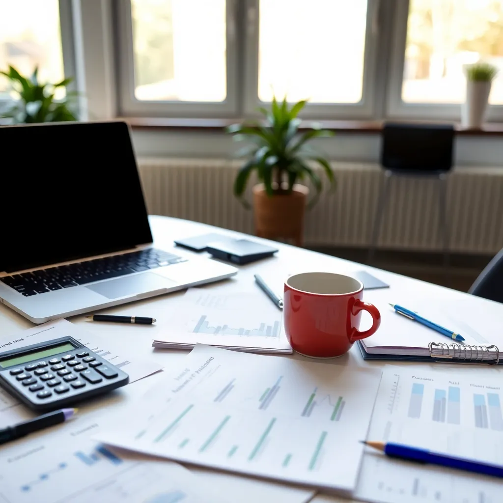 Professionele financiële planning op een georganiseerd bureau met laptop en financiële documenten