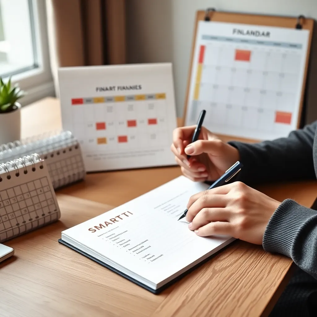 Persoon die financiële doelen opschrijft in SMART-formaat in notitieboek